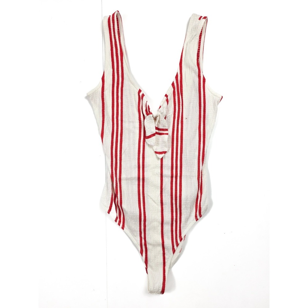 Love Tree White Red Pin Striped V Neck Bodysuit Women's Size Small